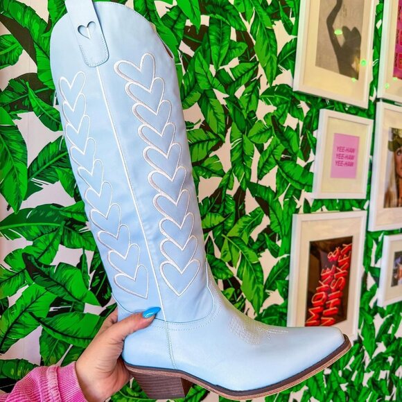 Women's Blue Hearts Cute Embroidery Chunky Knee Block High Heel Western Boots - Picture 4 of 7